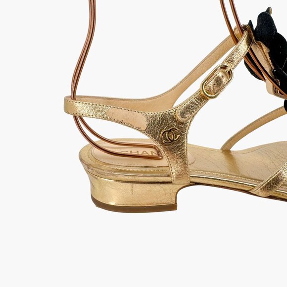 Chanel Camellia Pearl T-Strap Sandals Gold Leather Size 37C US 6–6.5 Women Flat - Picture 10 of 15